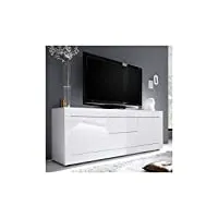 tousmesmeubles meuble tv 2 portes 2 tiroirs blanc laqué brillant - matera - l 210 x l 43 x h 66 cm - neuf