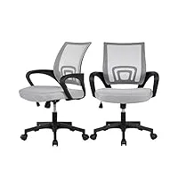 yaheetech lot de 2 chaises bureau à roulettes maille fauteuil ordinateur ergonomique inclinables grand siège 52,5 x 51 x 6,5 cm pivotant hauteur réglable gris