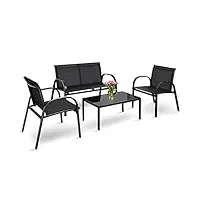 costway ensemble salon de jardin 4 pcs, ensemble table et chaises extérieur 4 places, chaise extérieure en textile cadre en fer, table basse vitrée, pour baclon, terrasse, patio, gris/noir(noir)