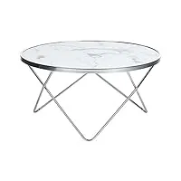 table basse ronde avec plateau en verre imitation marbre blanc et structure en métal argenté pour salon moderne et glamour beliani