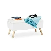 relaxdays banc de rangement, rembourré, pieds en bois, coffre avec revêtement en tissu 39,5 x 79,5 x 39 cm, blanc, mousse, 1 élément