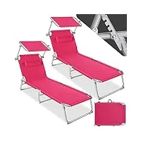 tectake® set de 2 chaise longue pliante bain de soleil jardin exterieur avec pare soleil & appuie-tête chaise longue inclinable transat de plage relax jardin camping salon de jardin exterieur - rose