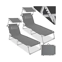 tectake® set de 2 chaise longue pliante bain de soleil jardin exterieur avec pare soleil & appuie-tête chaise longue inclinable transat de plage relax jardin camping salon de jardin exterieur - gris