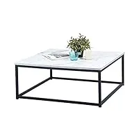 meuble cosy design moderne table basse de salon carré effet marbré structure en métal, style industriel, blanc et noir, 80x80x34cm