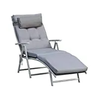 outsunny bain de soleil pliable transat inclinable 7 positions chaise longue grand confort avec matelas + accoudoirs métal époxy textilène polyester gris