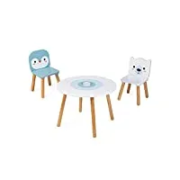 janod - table et 2 chaises banquise en bois - table ronde enfant avec pot à crayons amovible - 1 chaise ours blanc et 1 chaise pingouin - idéal pour enfants de 3 à 6 ans, j09650