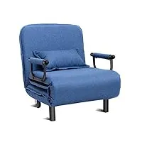 costway fauteuil convertible 3 en 1 avec accoudoirs, siège confortable, coussin et oreiller rembourré par des éponges de haute qualité, dossier réglable, roue de déplacements avec frein (bleu)