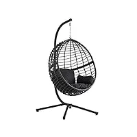 concept usine | fauteuil suspendu noir en rotin naturel | design auroa | structure en acier | coussin déhoussable | revêtement en poudre | hamac balançoire sur pied terrasse jardin | résiste à l'eau