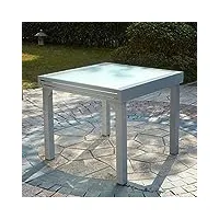 concept usine - table salon de jardin aluminium acier - mobilier extérieur table extensible plateau verre trempé revêtement poudre rallonge coulissante - gris clair - design molvina - résiste à l'eau