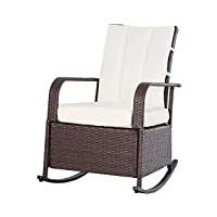 outsunny rocking chair fauteuil à bascule grand confort style cosy coussins assise dossier déperlant crème résine tressée imitation rotin chocolat