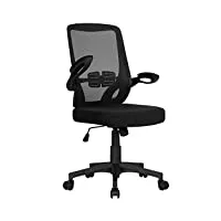 yaheetech chaise de bureau ergonomique fauteuil de direction en maille fauteuil pour ordinateur avec accoudoirs pliables dossier inclinable hauteur réglable à roulettes noir