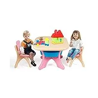 goplus table enfant avec chaise, set 1 table et 2 chaises avec 4 paniers de rangement en plastique, pieds avec coussinets antidérapants, pour enfants plus de 3 ans, charge 50kg (rose)