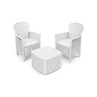 dmora ensemble de jardin avec coussins, 2 fauteuils et 1 table conteneur d'extérieur, made in italy, couleur blanche