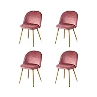 n/c lot de 4 rétro chaises de loisirs en tissu de velours chaises de salle à manger rembourrées avec des jambes en métal style bois pour la maison le salon et le bureau (rose)
