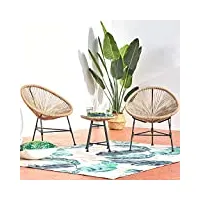 concept usine - salon de jardin - ensemble bistrot 3 pièces rotin naturel : 2 fauteuils oeuf + table ronde design acapulco beige | cordes polyéthylène résistant | intérieur extérieur | résiste à l'eau