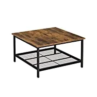 vasagle table basse, table de salon, grand dessus de table carré, cadre en acier robuste, avec étagère en maille, style industriel, pour salon, marron rustique et noir lct065b01