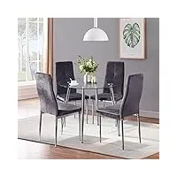 goldfan ensemble table et 4 chaises salle manger,ronde table à manger moderne en verre et 4 velours chaises set table et chaise salle a manger de cuisine bureau 80cm,gris