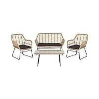 salon de jardin 4 places banquette canapé 2 fauteuils et table basse en rotin beige et acier noir design boho tendance pour extérieur beliani