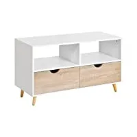 homcom meuble tv bas sur pieds style scandinave 2 tiroirs coloris chêne clair blanc
