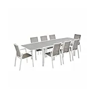 alice's garden - salon de jardin table extensible - washington taupe - table en aluminium 200/300cm. plateau en verre dépoli. rallonge et 8 fauteuils en textilène