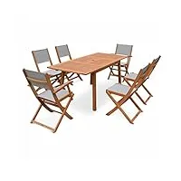 alice's garden - salon de jardin en bois extensible - almeria - table 120/180cm avec rallonge. 2 fauteuils et 4 chaises. en bois d'eucalyptus huilé et textilène gris taupe