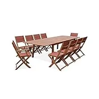 alice's garden - salon de jardin en bois extensible - almeria table 200/250/300cm avec 2 rallonges. 2 fauteuils et 8 chaises. en bois d'eucalyptus huilé et textilène terra cotta