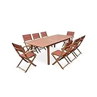 alice's garden - salon de jardin en bois extensible - almeria - table 180/240cm avec rallonge. 2 fauteuils et 6 chaises. en bois d'eucalyptus huilé et textilène terra cotta
