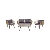 salon de jardin banquette table basse et 2 fauteuils en rotin beige avec coussins gris foncé style boho naturel pour extérieur tendance beliani