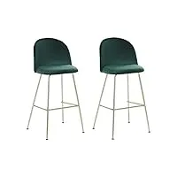 lot de 2 chaises hautes de bar rembourrées en velours vert avec pieds en acier doré idéales pour cuisine ou salon au style glamour et rétro beliani