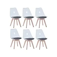 benyled lot de 6 chaises de salle à manger de style scandinave, design rétro, chaises latérales en acrylique transparent, chaise en cristal avec coussin d'assise en pu (noir)