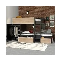 lit superposé 90x190 - armoire - tiroirs - twin - noir et bois
