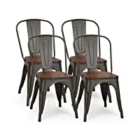 costway lot 4 chaises salle à manger tolix empilable industriel en acier, siège en bois d'orme 2 cm, chaise industrielle charge 120kg pour bistrot, cuisine, bar, café, 52 x 42 x 84cm (marron)