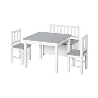 homcom ensemble de table et chaises enfant - set de 4 pièces - table, 2 chaises, banc coffre 2 en 1 - mdf pin blanc gris