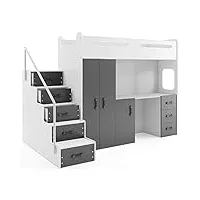 interbeds lit mezzanine max 4 en 80x200 avec bureau, armoire, matelas, sommier et escalier (blanc+gris)
