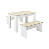 [en.casa] lot de table et 2 bancs design ensemble de meubles de salle à manger stylé pour 4 personnes panneau de particules mélaminé 110 x 70 x 73 cm blanc chêne