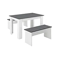 [en.casa] lot de table et 2 bancs design ensemble de meubles de salle à manger stylé pour 4 personnes panneau de particules mélaminé 110 x 70 x 73 cm blanc gris