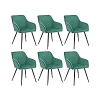 juskys lot de 6 chaises de salle à manger tarje, avec dossier & accoudoirs, pieds métalliques, revêtement en velours, supporte jusqu'à 110 kg, 6 chaises de cuisine - vert
