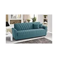 canapé 3 places en tissu lavable turquoise - 220 x 88 x h 83 cm, coffre de rangement, convertible en lit une place et demie