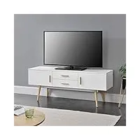 meuble tv design support télé banc avec 2 portes et 2 tiroirs panneau de particules mélaminé pieds en bois 140 x 40 x 56 cm blanc