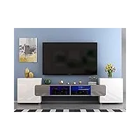 meuble tv led en mdf avec 4 compartiments de stockage + 2 portes sur salon et chambre à coucher, 230 x 35 x 53 cm (gris+blanc)