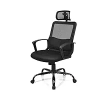 costway chaise de bureau ergonomique hauteur réglable fauteuil d'ordinateur en maille avec renfort lombaire, accoudoirs et appui-tête pivotant noir