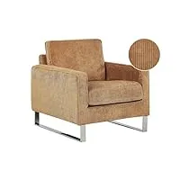 fauteuil tapissé en velours côtelé marron clair avec piétement argent chromé design meuble idéal pour salon au style rétro et traditionnel beliani