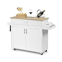 giantex desserte de cuisine sur roulettes avec 90x40 cm plan de travail, chariot de cuisine de rangement avec grand tiroir et planche à Épice, blanc