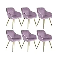 tectake 800863 lot de 6 chaises de salle à manger effet velours scandinave pieds en acier dorés Élégant avec accoudoirs – diverses couleurs (violet clair)