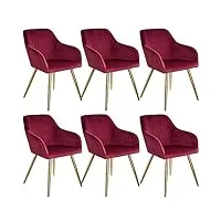 tectake 800863 lot de 6 chaises de salle à manger effet velours scandinave pieds en acier dorés Élégant avec accoudoirs – diverses couleurs (bordeaux)