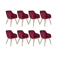 tectake 800864 lot de 8 chaises de salle à manger effet velours scandinave pieds en acier dorés Élégant avec accoudoirs – diverses couleurs (bordeaux)