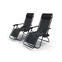 vounot lot de 2 chaise longue inclinable avec support de gobelet amovible chaise de jardin pliable en textilène chaise longue avec rembourrage de tête charge max 120kg fauteuil relax noir