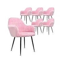 ecd germany lot de 6 chaises de salle à manger - rose - style rétro - assise rembourrée en velours - pieds en métal - avec dossier et accoudoir - fauteuil moderne pour salon bureau cuisine chambre