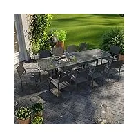 avril paris table de jardin extensible aluminium 270cm + 10 fauteuils empilables textilène anthracite - lio 10.