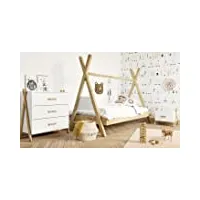 amarok chambre complete enfant - lit + chevet + commode - pin massif et mdf - blanc/naturel - style scandinave